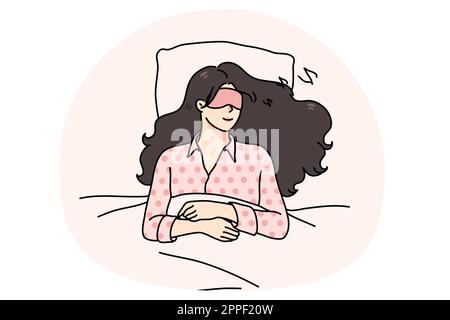 Giovane donna calma con maschera oculare disteso rilassante in letto morbido dormire o prendere un pisolino. Ragazza millenaria rilassata addormentata in camera da letto, vedere i sogni di notte. Relax e fatica. Illustrazione vettoriale. Illustrazione Vettoriale