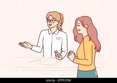 Donna che lavora alla reception in hotel o salone di bellezza consulta il cliente, aiuta a scegliere l'estetista e la procedura migliore. Ragazza visita clinica di cosmetologia si trova vicino alla reception con amministratore Illustrazione Vettoriale