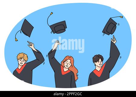 Gli studenti entusiasti in mantelli lanciano i tappi in aria con gioia per la laurea o universitaria. I laureati sorridenti celebrano il finale della scuola. Istruzione e successo. Illustrazione vettoriale. Illustrazione Vettoriale