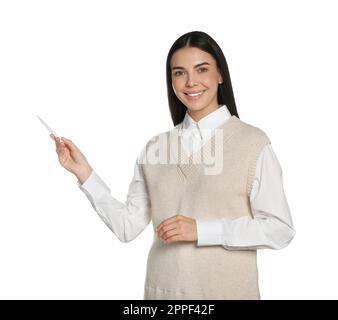 Bella giovane donna su sfondo bianco. Previsioni del tempo Foto Stock