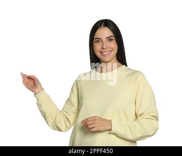 Bella giovane donna su sfondo bianco. Previsioni del tempo Foto Stock