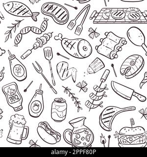 Barbecue party senza cuciture con carne, hamburger, salsicce e utensili da barbecue. Elementi di doodle isolati su sfondo bianco. Vettore disegnato a mano il Illustrazione Vettoriale