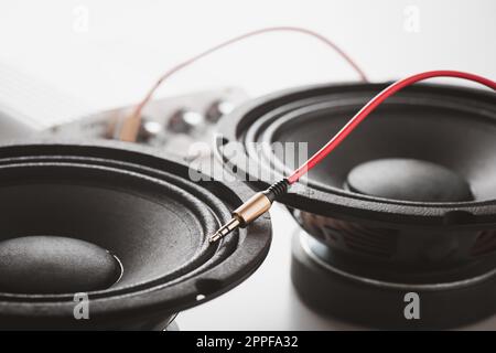 Chiudere il cavo rosso AUX (ausiliario) con il jack maschio e l'altoparlante sullo sfondo. Cavo per ingresso e uscita stereo. Foto Stock