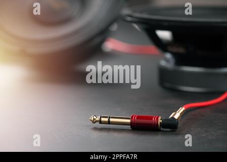 Chiudere il cavo rosso AUX (ausiliario) con il jack maschio e l'altoparlante sullo sfondo. Cavo per ingresso e uscita stereo. Foto Stock