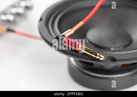 Chiudere il cavo rosso AUX (ausiliario) con il jack maschio e l'altoparlante sullo sfondo. Cavo per ingresso e uscita stereo. Foto Stock