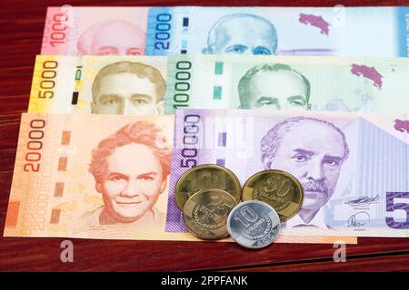 Costa Rica Colones monete e banconote su un fondo di legno Foto Stock