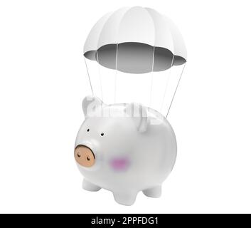 Carino piggy bank con paracadute che vola su sfondo bianco Foto Stock