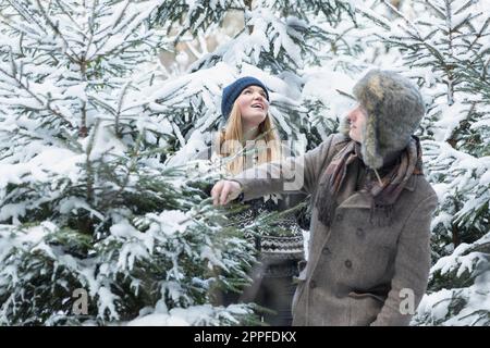 Amici in foresta nevosa alla ricerca di un albero di natale, Baviera, Germania Foto Stock