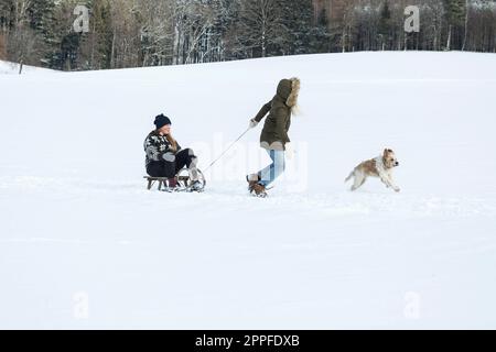 Due ragazze e un cane con scivolo nel paesaggio innevato in inverno, Baviera, Germania Foto Stock