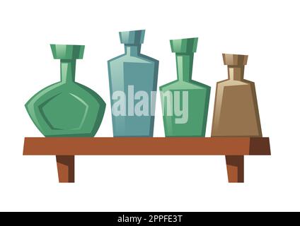 Bottiglie in vetro cartoon di varie forme e colori si trovano su scaffali in legno. Vodka, rum, bevande alcoliche whiskey palloni vuoti isolati su sfondo bianco, elemento per il gioco al computer, illustrazione vettoriale Illustrazione Vettoriale