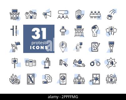 Protesta, sciopero, rivoluzione impostare icone vettoriali Illustrazione Vettoriale