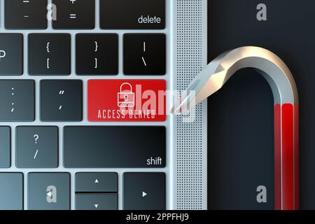 Tastiera per computer portatile e crowbar. Concetto di criminalità informatica. Rendering 3D Foto Stock