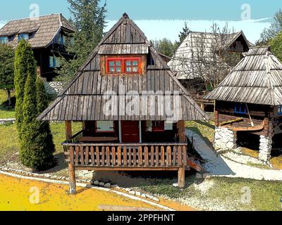 Stanisici, Bijelina, Bosnia ed Erzegovina, 25 aprile 2021. Casa colonica in legno. Dimora tradizionale bosniaca di montagna del XIX secolo. Edificio etno restaurato, attrezzi di manodopera agricola. Foto Stock