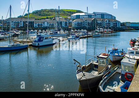 Marina di Aberystwyth sulla costa di Ceredigion con un'ampia varietà di barche ormeggiate, in arrivo o in partenza - Galles centrale. Foto Stock