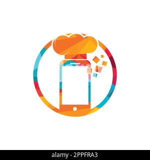 Design vettoriale del logo mobile chef. Illustrazione dell'icona del vettore del logo online del telefono alimentare. Illustrazione Vettoriale