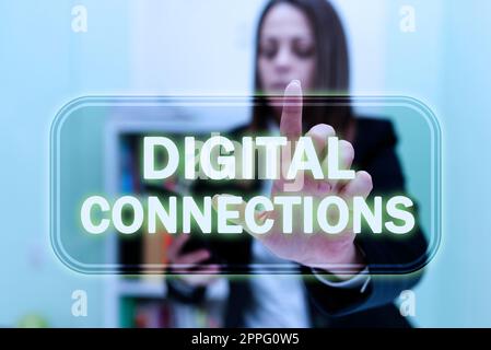 Didascalia di testo che presenta le connessioni digitali. Rete virtuale di approccio aziendale che collega l'utente ai suoi contatti Foto Stock