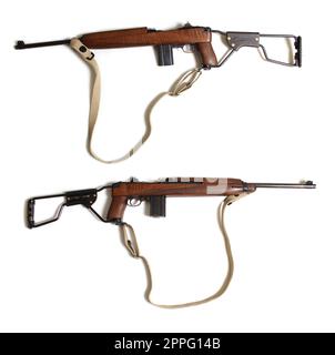 Fucile militare d'epoca isolato su sfondo bianco Vista lato sinistro e destro M1 Carbine Foto Stock