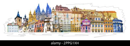 Il collage sulla città vecchia di Praga, repubblica Ceca. Design artistico. Foto Stock