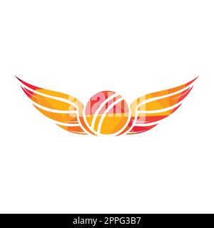 Modello di design con logo vettoriale Cricket SPORTS. Pallone da cricket con design a forma di ali. Illustrazione Vettoriale