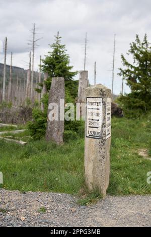 Cartello di pietra nel Parco Nazionale di Harz in Germania con indicazioni per Torfhaus, Ilsenburg, le cascate di Ilse e la cima di Brocken Foto Stock