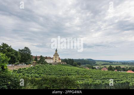 bella vecchia chiesa su un paesaggio collinare con vigneti Foto Stock