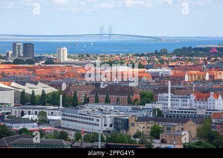 Vista aerea della città e del ponte Oresund, Copenaghen, Danimarca Foto Stock