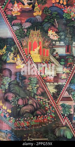Antico dipinto murale buddista tailandese sulle pareti del tempio Foto Stock