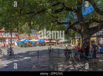 Ristoranti con gli ospiti nella storica Schlossplatz a Francoforte-Hoechst, germania Foto Stock