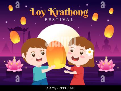 Festival di Loy Krathong Celebration in Thailandia Template Hand Drawed Cartoon Flat Illustration with Lanterns and Krathongs Floating on Water Design Illustrazione Vettoriale