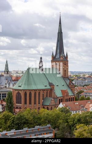 Vista aerea della cattedrale di Stettino, vista della torre dell'orologio, Stettino, Polonia Foto Stock