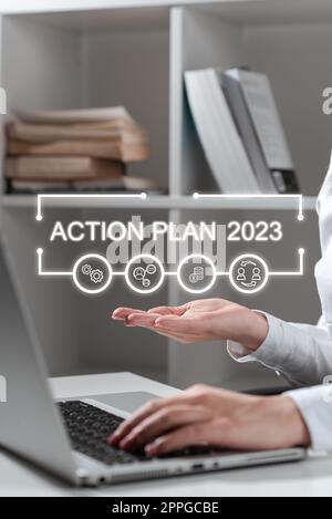 Testo scritto a mano piano d'azione 2023. Le parole scritte sulla lista delle cose da fare contengono il numero di cose da fare l'anno prossimo Foto Stock