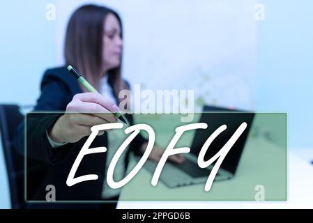 Scrittura manuale del testo Eofy. Business idea una mega vendita tenuta a fine esercizio Foto Stock