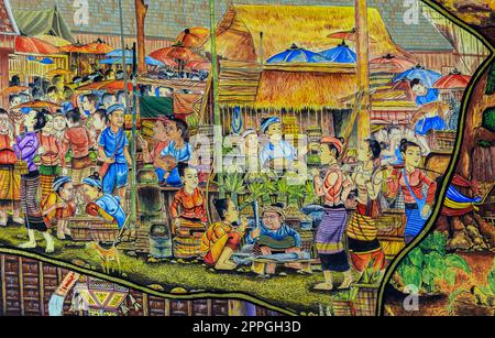 Thai Lanna pittura murale della vita del popolo thailandese in passato sul muro del tempio a Chiang mai, Thailandia Foto Stock