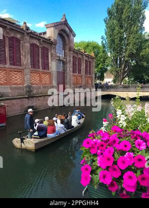 Colmar, Francia. Barca con turisti sul canale di Little Venice Foto Stock