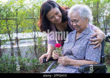 Caregiver figlia abbracciare e aiutare Asian anziano o anziano donna anziana donna che tiene rosso rosa sulla sedia a rotelle nel parco. Foto Stock