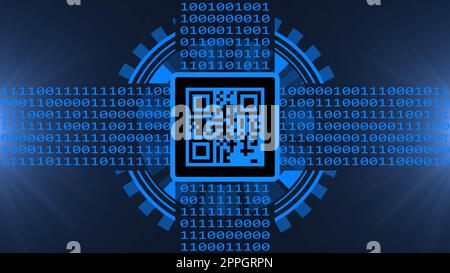 Immagine del codice QR al centro sullo sfondo astratto della tecnologia con vari elementi grafici su sfondo sfocato