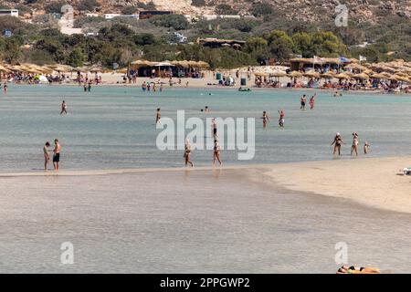 La gente si rilassa sulla famosa spiaggia di corallo rosa di Elafonisi a Creta Foto Stock