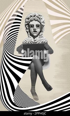 Design artistico creativo di persone mentite positive pensa di utilizzare il netbook per chattare con persone isolate sullo sfondo del disegno. Foto Stock