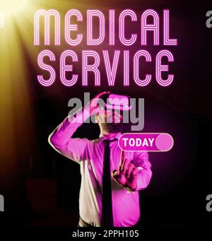 Didascalia di testo che presenta il Servizio medico. Panoramica aziendale trattare le malattie e le lesioni che richiedono una risposta medica Foto Stock
