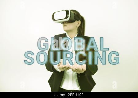 Didascalia di testo con Global Sourcing. La pratica del concetto del Internet di cercare i beni ed i servizi oltre i propri è frontiere Foto Stock