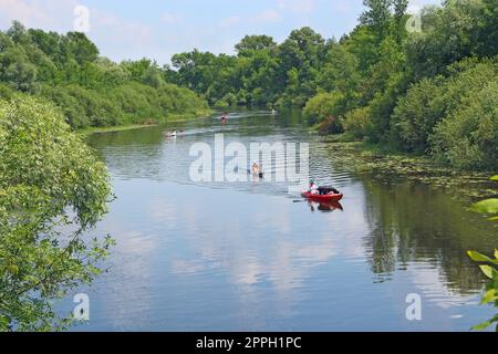 il gruppo di persone naviga in kayak lungo un bellissimo fiume Foto Stock