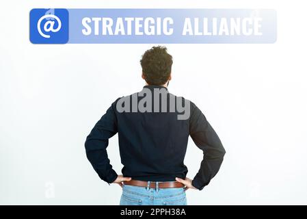 Cartello con su scritto Alleanza strategica. Parola scritta su un legame tra stati, partiti, individui sul raggiungimento degli obiettivi Foto Stock