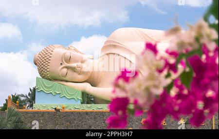 Sleeping statua del Buddha a Vinh Trang tempio, vicino a My Tho, Vietnam. Basso angolo vista con fucsia fiori colorati in primo piano. Foto Stock