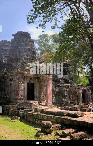 Facciata e ingresso principale alle rovine del tempio di Ta Prohm, situato nel complesso Angkor Wat vicino Siem Reap, Cambogia. Foto Stock