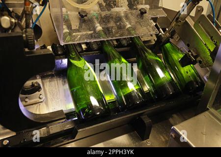 bottiglie di vino frizzante nella linea di imbottigliamento Foto Stock