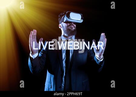 Webinar dal vivo con didascalia concettuale. Concetto Internet Seminario interattivo trasmesso sul web in tempo reale Foto Stock