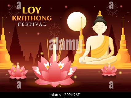 Festival di Loy Krathong Celebration in Thailandia Template Hand Drawed Cartoon Flat Illustration with Lanterns and Krathongs Floating on Water Design Foto Stock