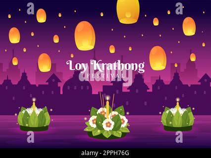 Festival di Loy Krathong Celebration in Thailandia Template Hand Drawed Cartoon Flat Illustration with Lanterns and Krathongs Floating on Water Design Foto Stock