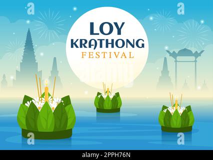 Festival di Loy Krathong Celebration in Thailandia Template Hand Drawed Cartoon Flat Illustration with Lanterns and Krathongs Floating on Water Design Foto Stock