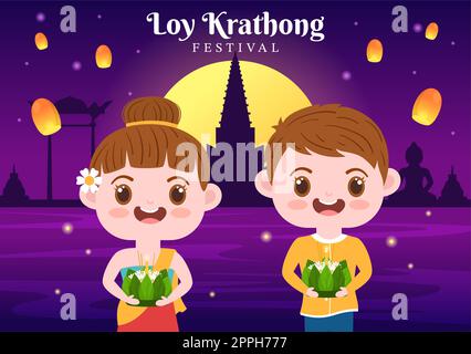 Festival di Loy Krathong Celebration in Thailandia Template Hand Drawed Cartoon Flat Illustration with Lanterns and Krathongs Floating on Water Design Foto Stock